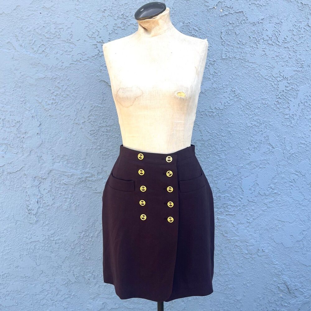 Sonia Rykiel Skirt 6 Brown wool pencil Logo Buttons Preppy French fashion